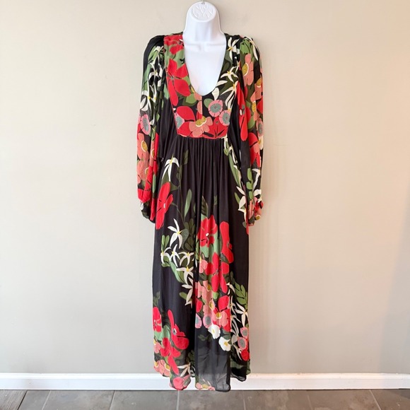 Farm Rio Anthropologie Floral Maxi Dress Black Red VNeck Long Sleeve Small Boho - Picture 4 of 16
